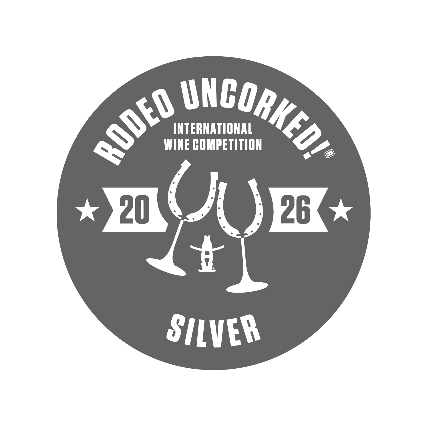 Silver Medal Rodeo Uncorked! International Wine Competition 2026 Silver and two wineglasses made of horseshoes