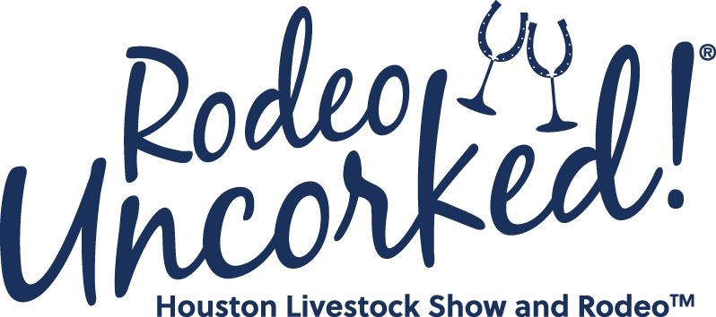 Navy Script logo Rodeo Uncorked Houston Livestock Show and Rodeo! Two wine glasses made of horseshoes.