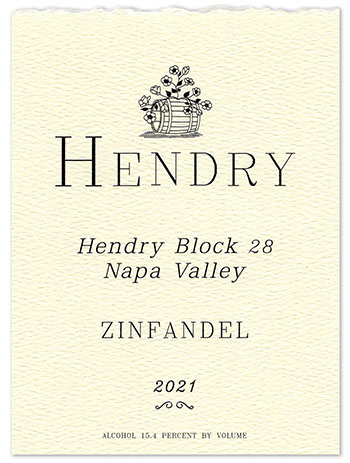 Textured paper wine label with a torn edge- Hendry 2021 Zinfandel Block 28 Napa Valley