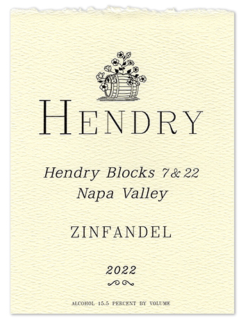 Textured paper wine label with a torn edge reads Hendry Zinfandel Blocks 7&22 Napa Valley