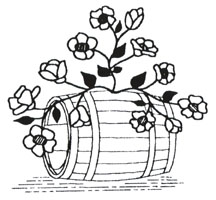 Black and white line drawing of wine barrel with flowers coming out of it