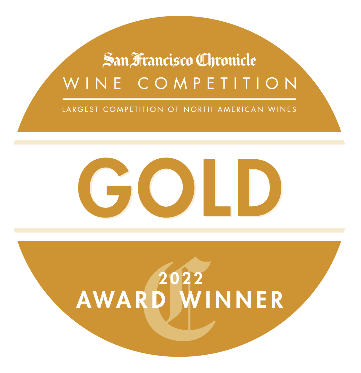 Gold circle with 2022 AWARD WINNER and GOLD for the San Francisco Wine Competition in White letters