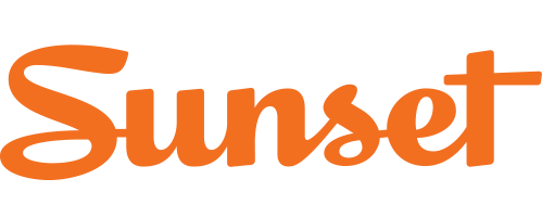 Orange retro cursive text spelling "Sunset"