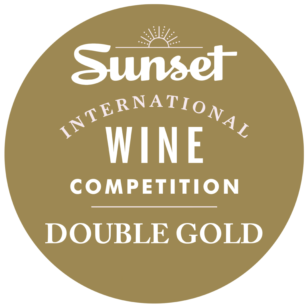 Gold medal with white lettering: Sunset International Wine Competition Double Gold