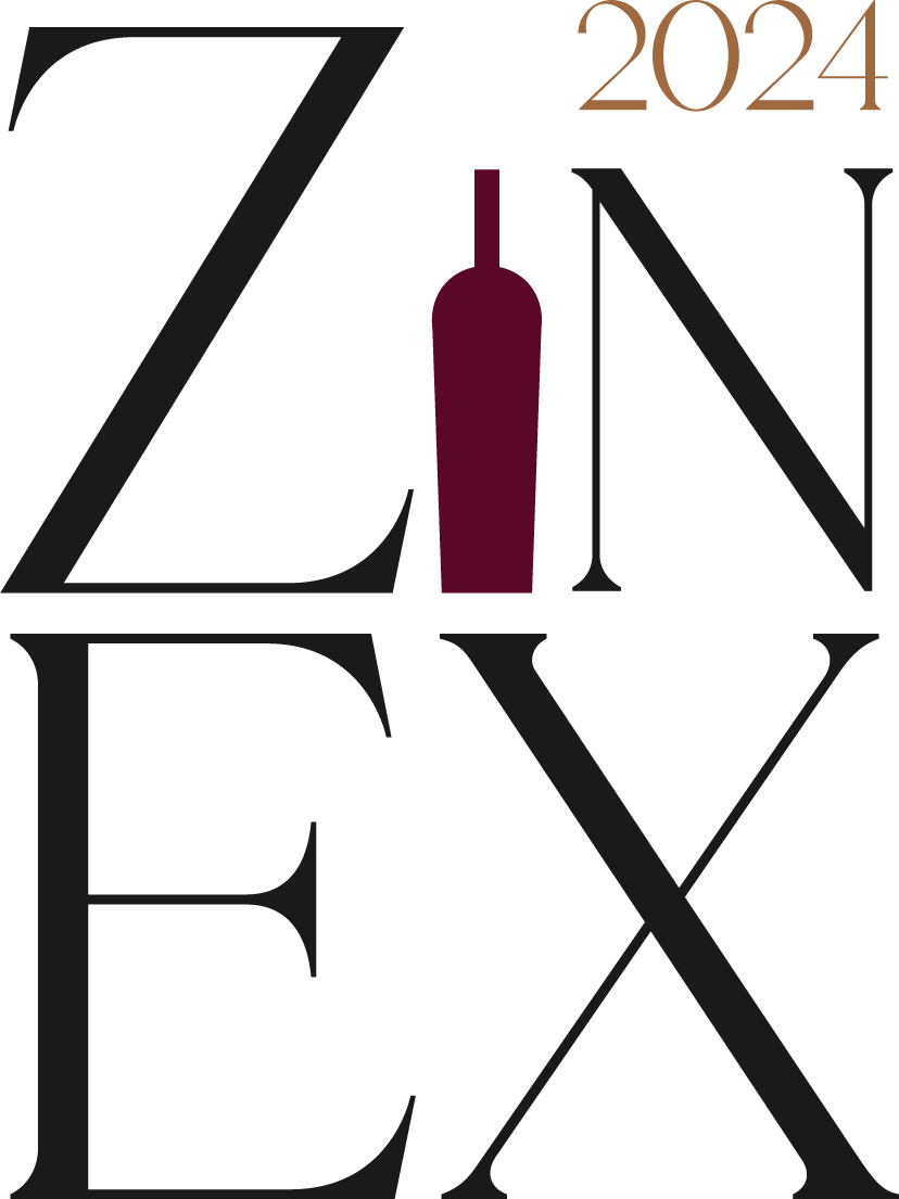 Text on white background 2024 Zin Ex, with a red wine bottle in place of the letter I