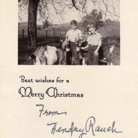Vintage Christmas card showing George and Andy as boys with two goats, greeting below reads Best Wishes for a Merry Christmas from Hendry Ranch
