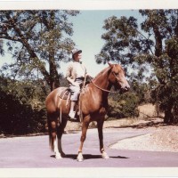 Margaret Hendry on a chestnut colored horse, wearing a hat